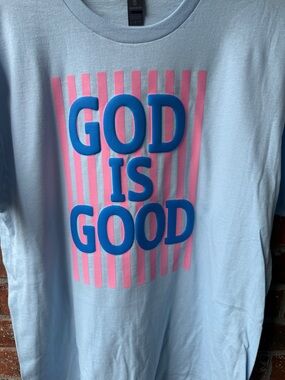 Light Blue Tee with Pink Stripe and Blue 'God Is Good' Graphic NWOT